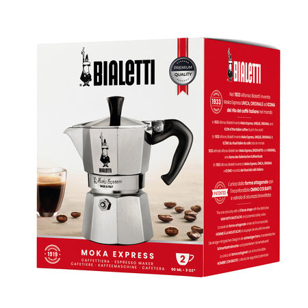 Bialetti Moka Express 3 kopper i original emballage – klassisk italiensk espressokande i aluminium