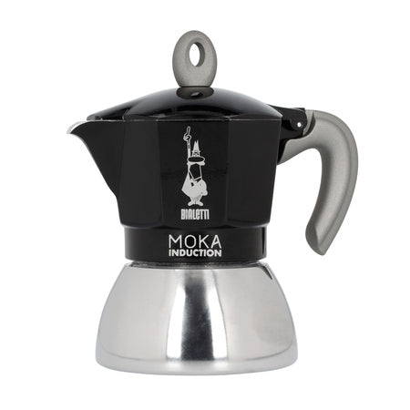 Bialetti Moka Induktion 4 kopper sort espressokande med stålfod set forfra