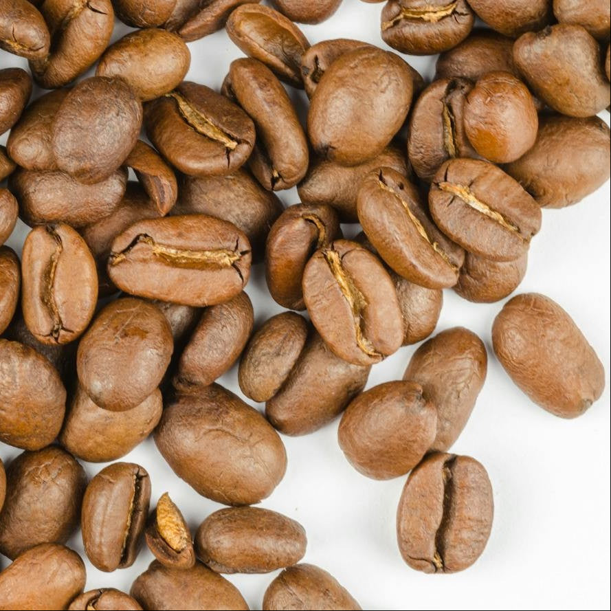 Nærbillede af mørkristede kaffebønner fra Kenya AA Plus Kijani Kiboko