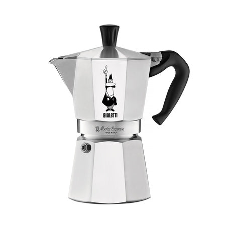 Nærbillede af Bialetti Moka Express 4 espressokande med sort håndtag og logo