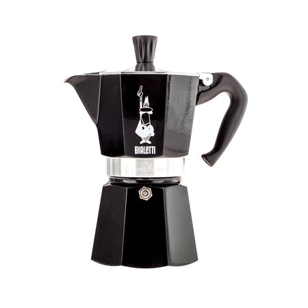 Bialetti Moka Express 6 kopper Sort – klassisk italiensk espressokande i elegant sort design med ergonomisk håndtag og aluminiumsfinish.