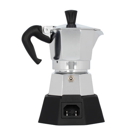 Elektrisk Bialetti New Moka Elettrika Espressokande set fra siden med sort håndtag og solid base – kompakt mokkakande til kaffe på farten.