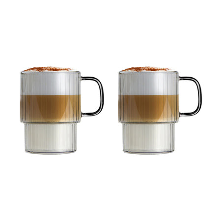 To Vialli Design Livio kaffeglas á 350 ml i klart rillet glas med grå hanke
