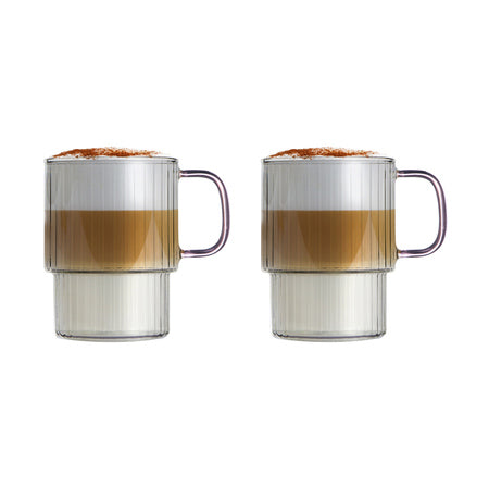To Vialli Design Livio kaffeglas på 350 ml i klart rillet glas med lyserøde hanke